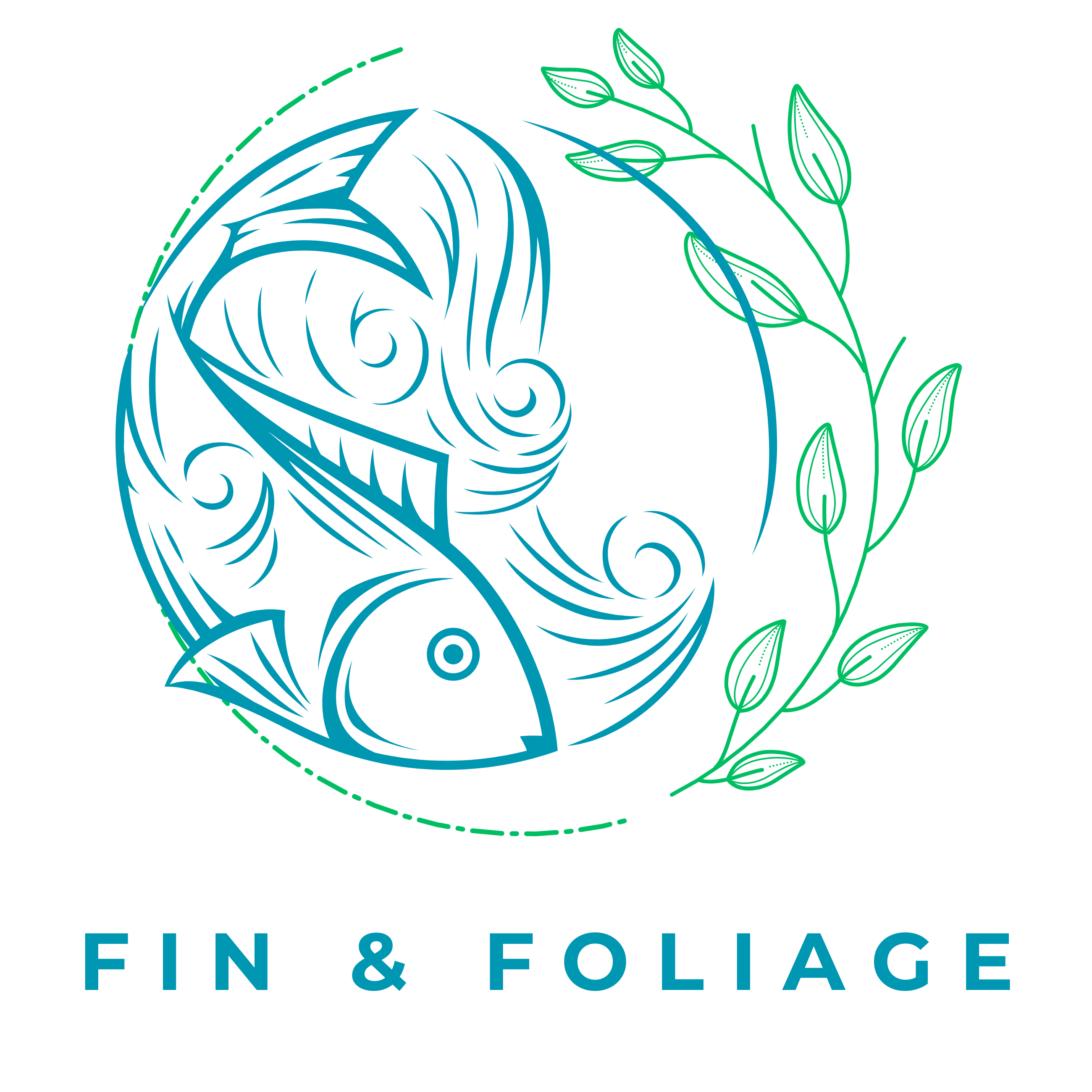 The site logo of Fin and Foliage, featuring a stylized fish and plant frond.